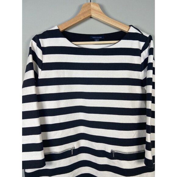 Tommy Hilfiger Shirt‎ Women’s Large Black White Stripe Nautical Zip Leather Trim - Picture 4 of 9